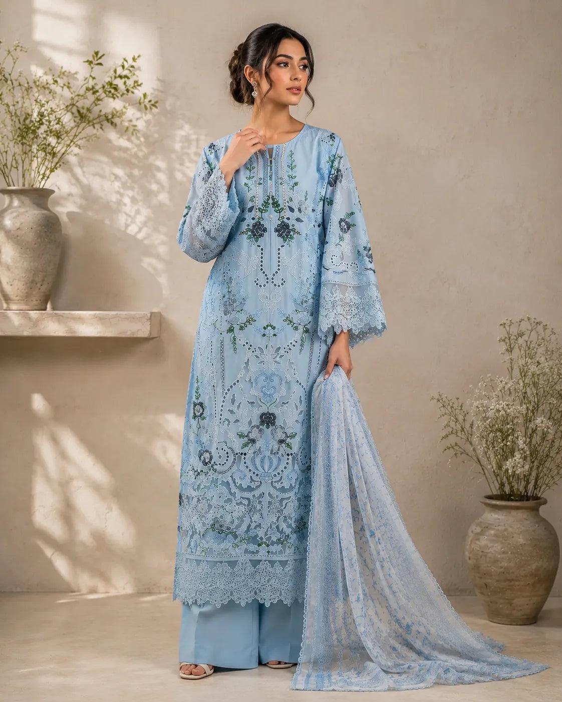 Powder Blue Floral Embroidered Long Cutwork 3-Piece Stitched Suit with Pearl Neckline & Organza Dupatta