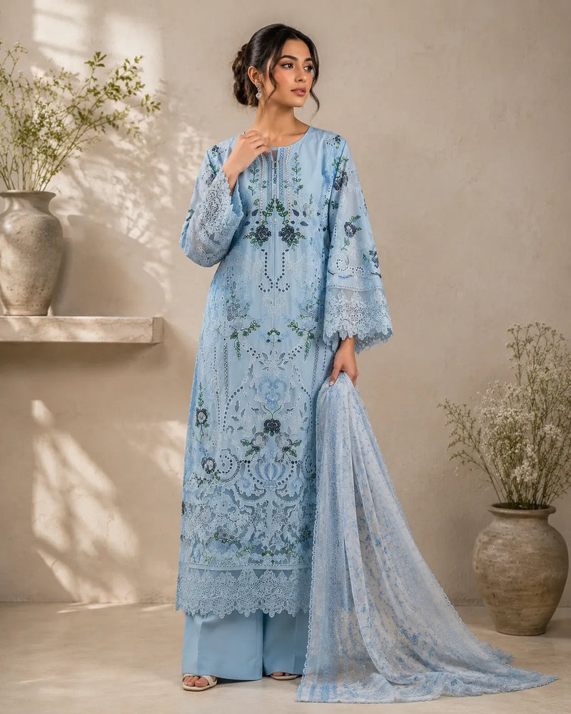 Powder Blue Floral Embroidered Long Cutwork 3-Piece Stitched Suit with Pearl Neckline & Organza Dupatta