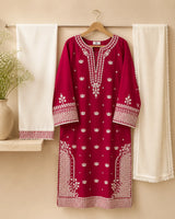 Crimson Red Floral Embroidered Lawn 3-Piece Stitched Suit with Off-White Embroidered Trouser & Chiffon Dupatta