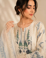 Off-White / Ivory Floral Embroidered Long Cutwork 3-Piece Stitched Suit with Blue Embroidery & Organza Dupatta