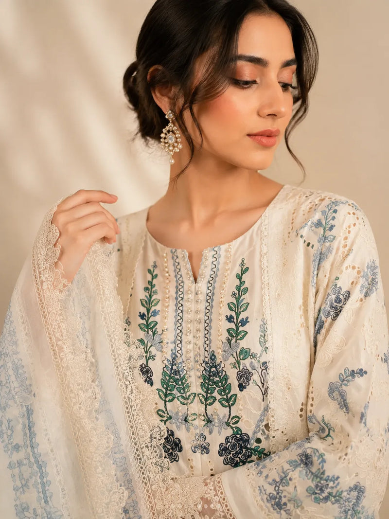 Off-White / Ivory Floral Embroidered Long Cutwork 3-Piece Stitched Suit with Blue Embroidery & Organza Dupatta