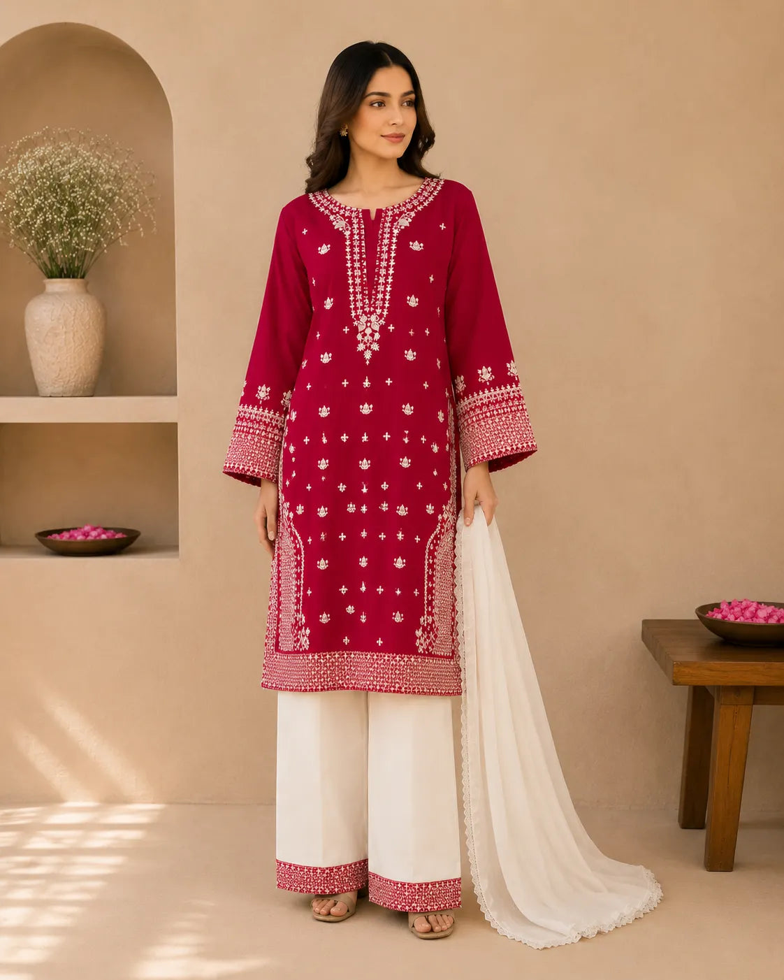 Crimson Red Floral Embroidered Lawn 3-Piece Stitched Suit with Off-White Embroidered Trouser & Chiffon Dupatta