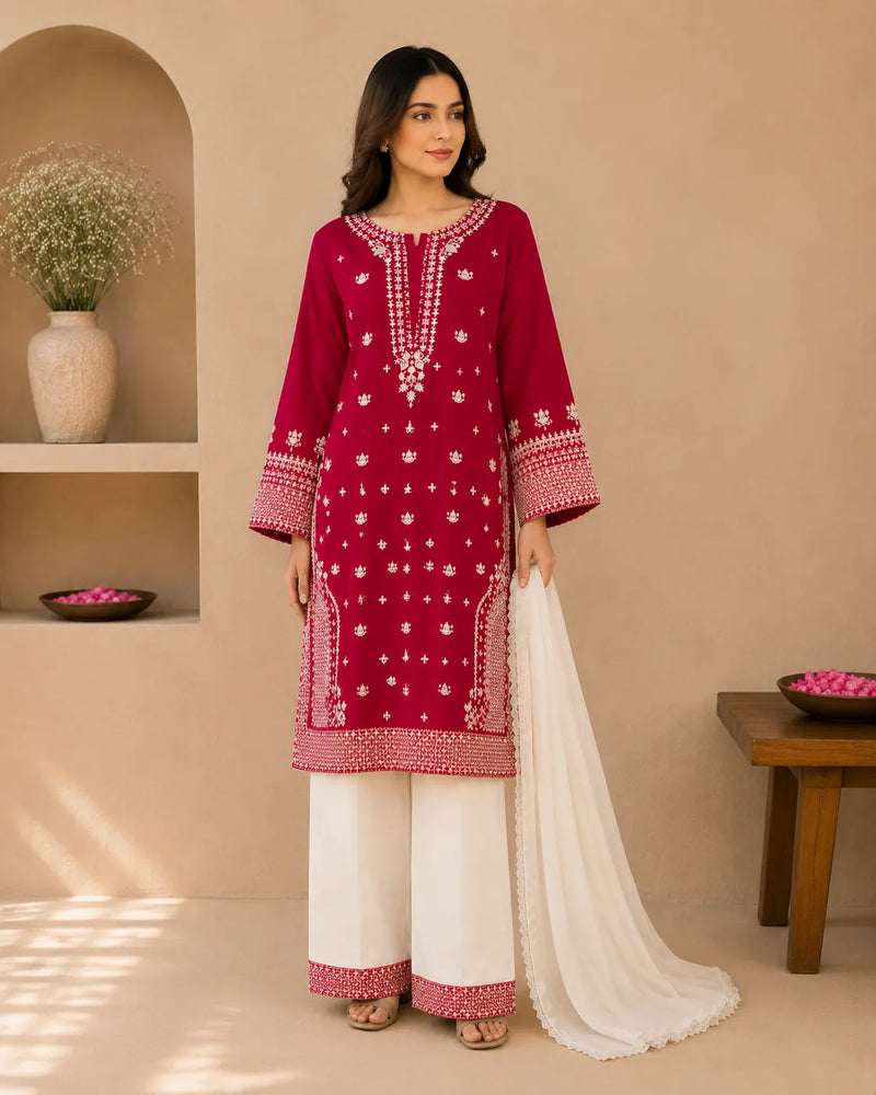Crimson Red Floral Embroidered Lawn 3-Piece Stitched Suit with Off-White Embroidered Trouser & Chiffon Dupatta