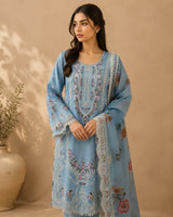 Ink Blue / Powder Blue Embroidered Short Kurti 3-Piece Stitched Suit with Wide-Leg Trousers & Floral Dupatta