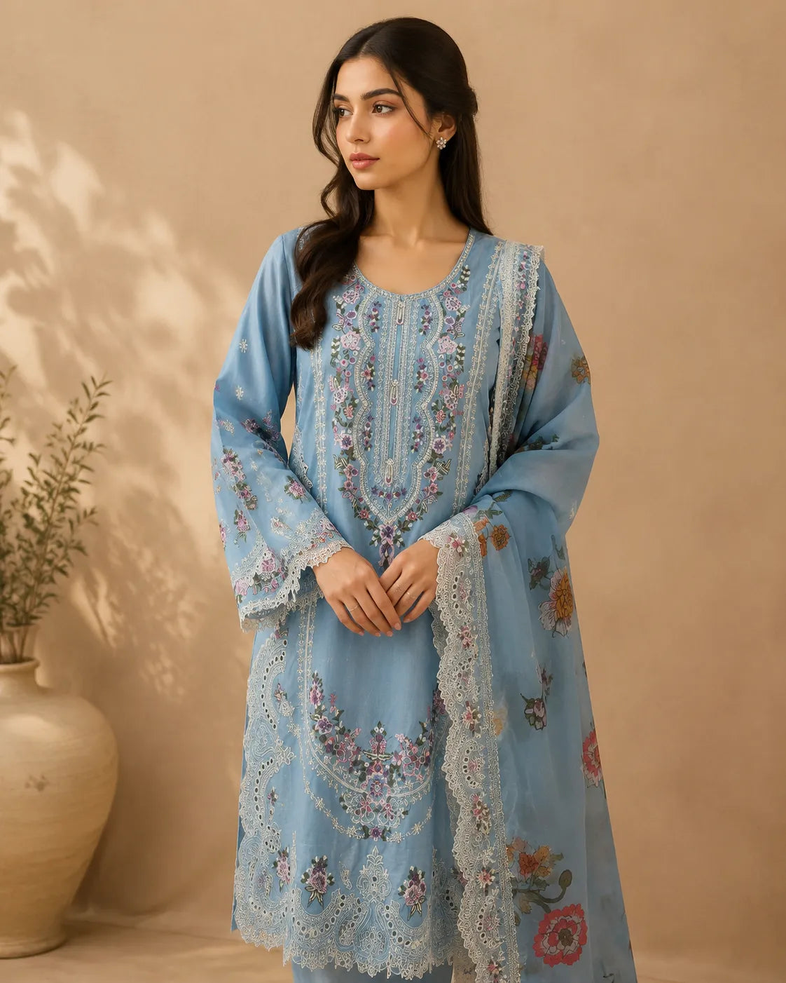 Ink Blue / Powder Blue Embroidered Short Kurti 3-Piece Stitched Suit with Wide-Leg Trousers & Floral Dupatta