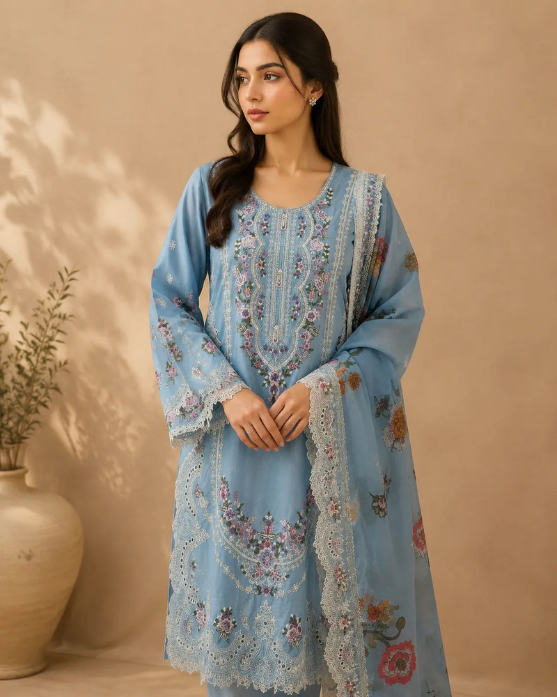Ink Blue / Powder Blue Embroidered Short Kurti 3-Piece Stitched Suit with Wide-Leg Trousers & Floral Dupatta