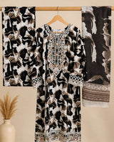 Black & White Cheetah Print Embroidered 3-Piece Stitched Suit with Dooriya Dupatta