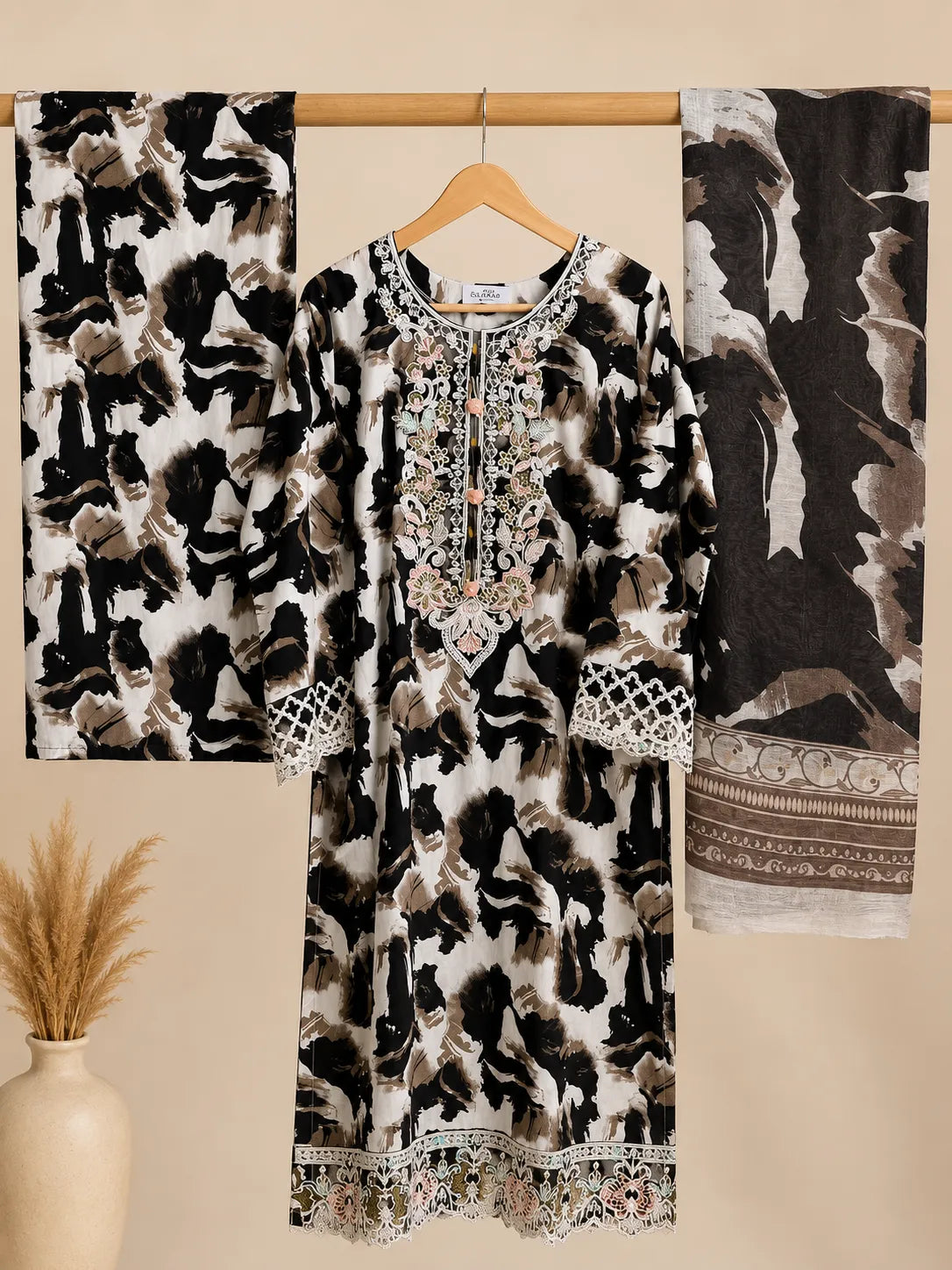 Black & White Cheetah Print Embroidered 3-Piece Stitched Suit with Dooriya Dupatta