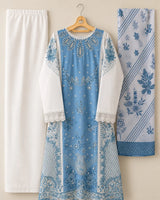 Off-White & Ink Blue Embroidered Lawn 3-Piece Stitched Long Suit with Organza Sleeves & Printed Chiffon Dupatta
