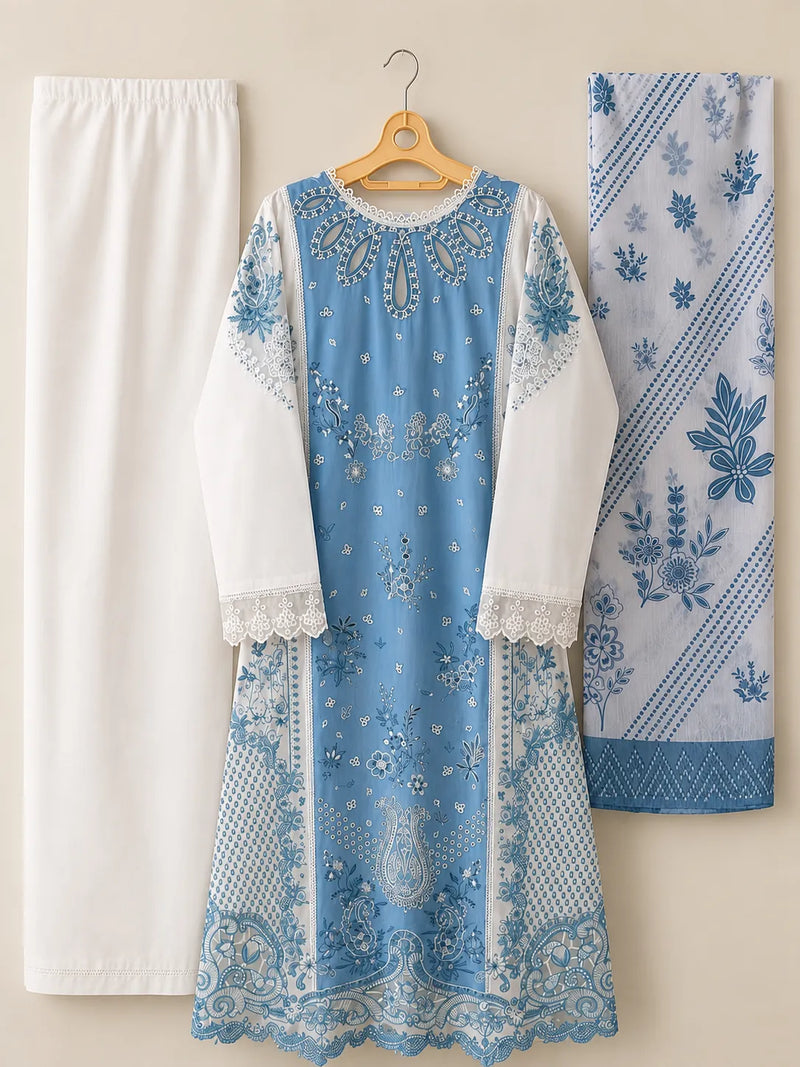 Off-White & Ink Blue Embroidered Lawn 3-Piece Stitched Long Suit with Organza Sleeves & Printed Chiffon Dupatta