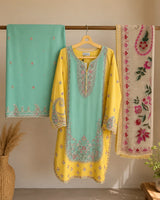 Mustard Yellow & Sea Green Embroidered Lawn 3-Piece Stitched Short Suit with Plazo & Doriya Dupatta