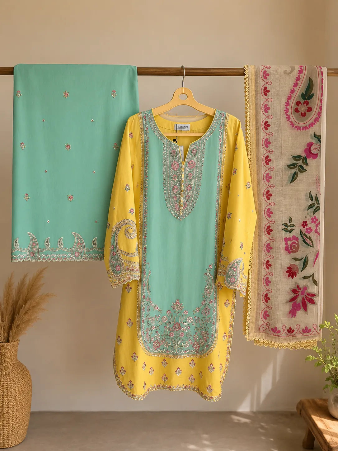 Mustard Yellow & Sea Green Embroidered Lawn 3-Piece Stitched Short Suit with Plazo & Doriya Dupatta