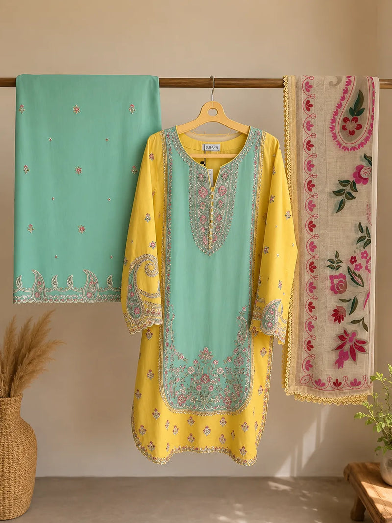 Mustard Yellow & Sea Green Embroidered Lawn 3-Piece Stitched Short Suit with Plazo & Doriya Dupatta