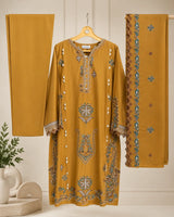 Mustard Gold Ethnic Inspired Embroidered 3-Piece Stitched Lawn Suit with Net Dupatta