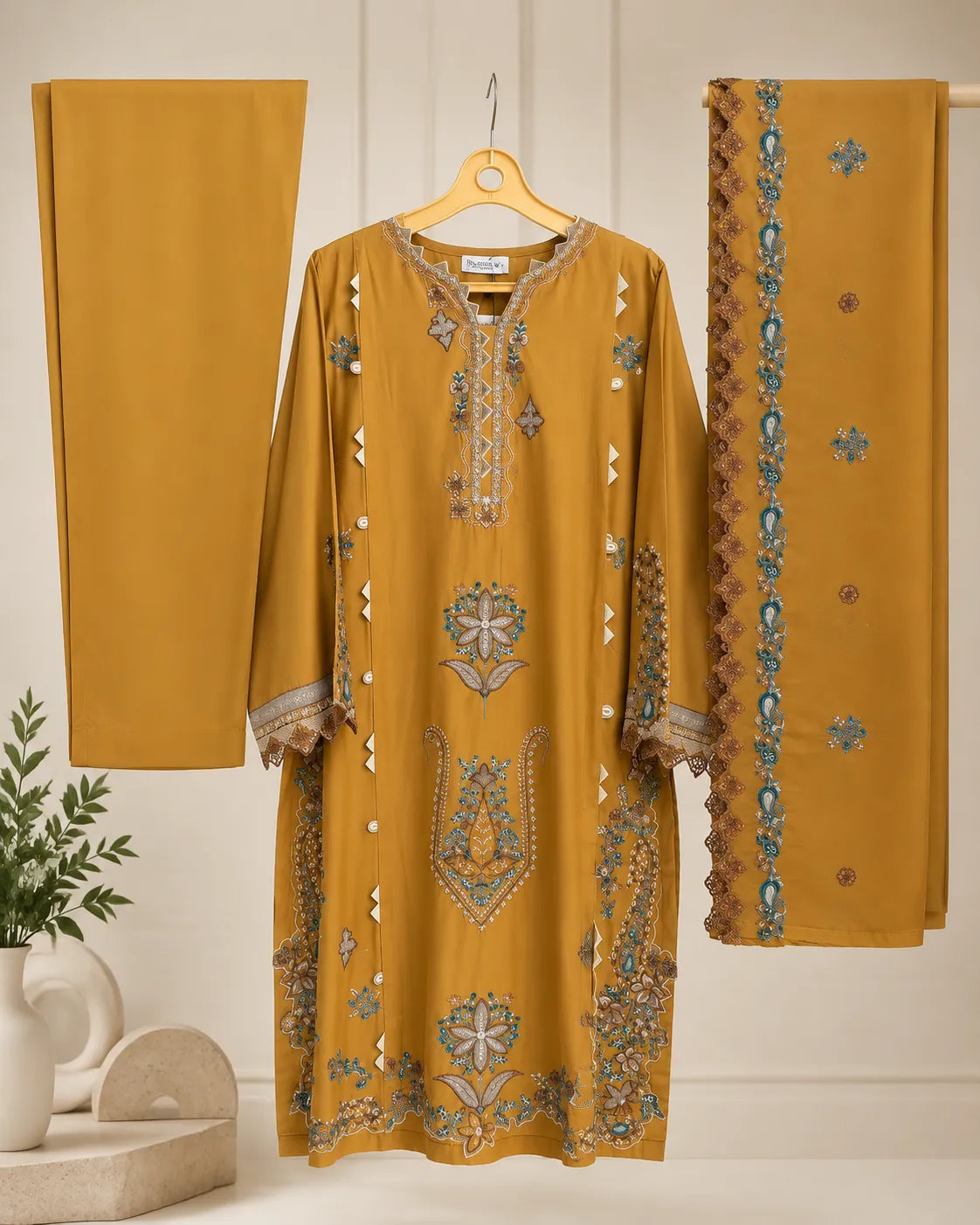 Mustard Gold Ethnic Inspired Embroidered 3-Piece Stitched Lawn Suit with Net Dupatta
