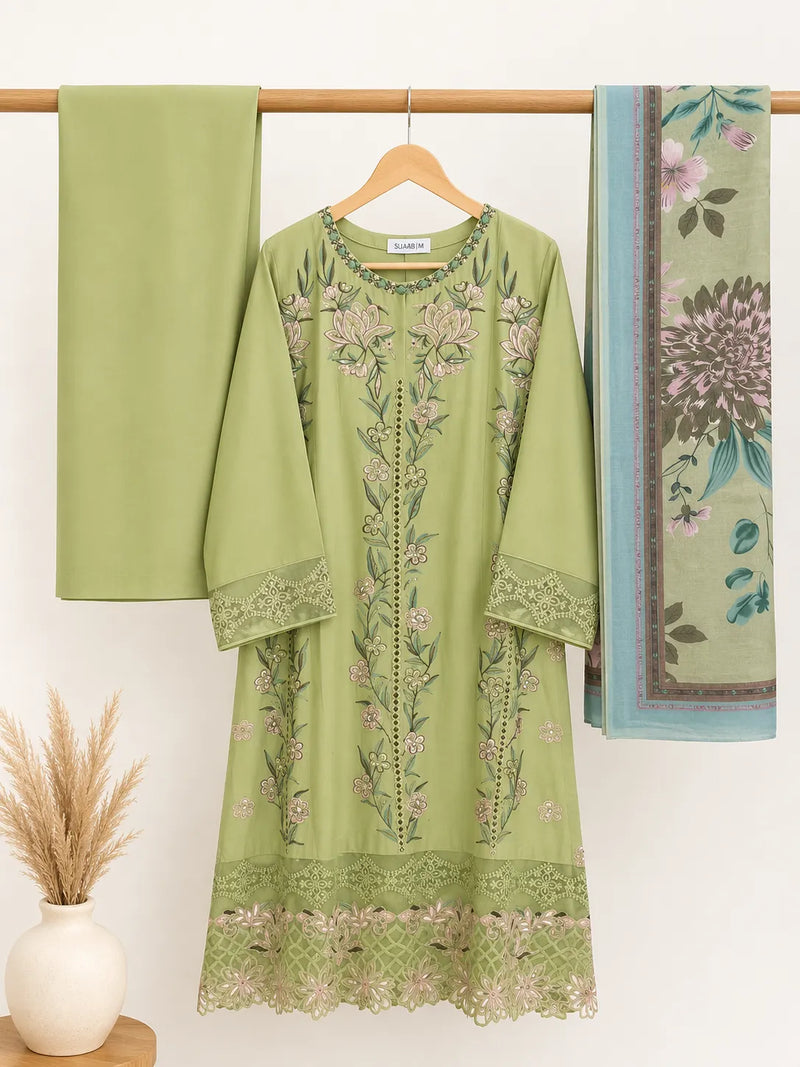 Light Pistachio Green Floral Embroidered 3-Piece Stitched Lawn Suit with Bamber Dupatta