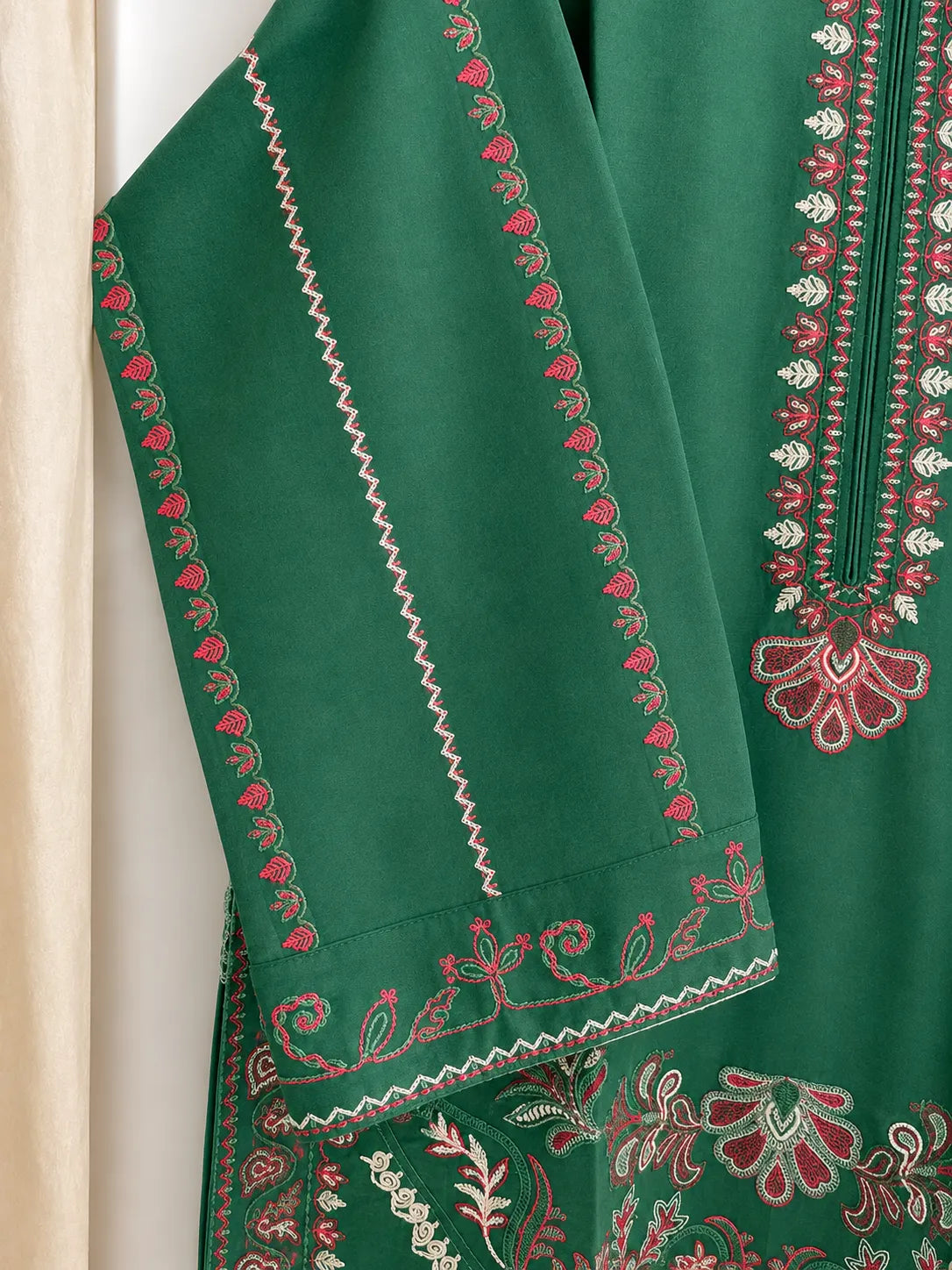 Emerald Green Embroidered 2-Piece Stitched Suit with Round Hem & Embroidered Trouser