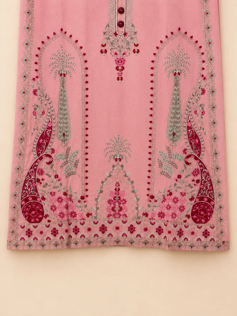 Dusty Rose Pink Embroidered Lawn 2-Piece Stitched Suit with Printed Trouser