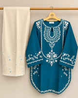 Teal Blue Embroidered Lawn Short Kurti 2-Piece Stitched Suit with Off-White Embroidered Shalwar