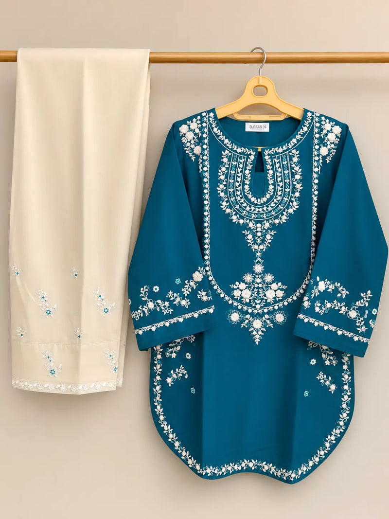Teal Blue Embroidered Lawn Short Kurti 2-Piece Stitched Suit with Off-White Embroidered Shalwar