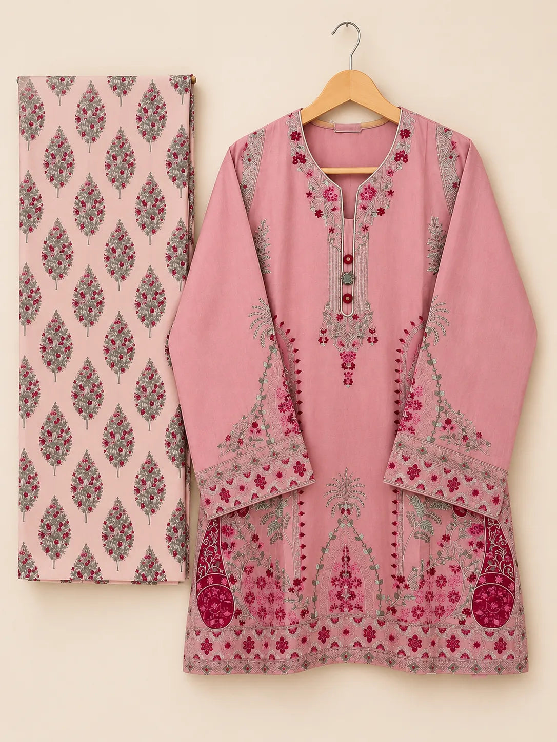 Dusty Rose Pink Embroidered Lawn 2-Piece Stitched Suit with Printed Trouser