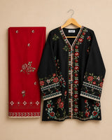 Black & Red Embroidered Short Kurti 3-Piece Stitched Suit with Shalwar
