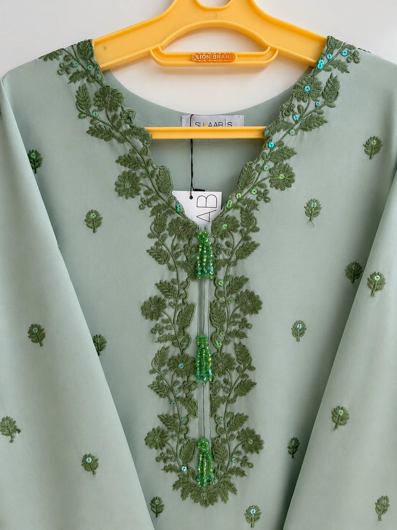 Mint Embroidered 3-Piece Stitched Suit with Shalwar & Organza Dupatta