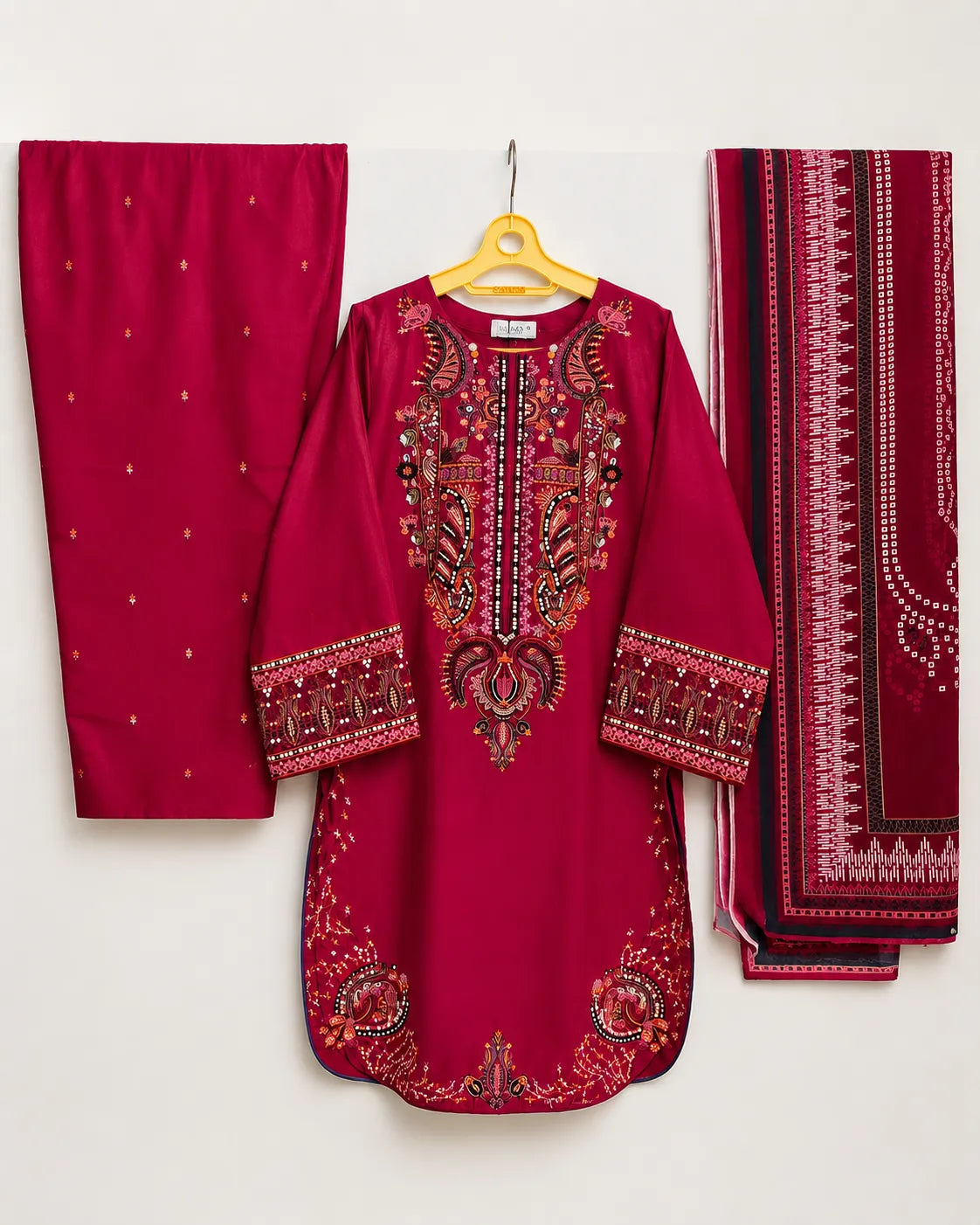 Maroon / Crimson Embroidered Short Lawn Kurti 3-Piece Stitched Suit with Farshi Shalwar & Silk Dupatta