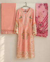 Light Pink Floral Embroidered Long 3-Piece Stitched Lawn Suit with Organza Trouser Patch & Floral Dupatta