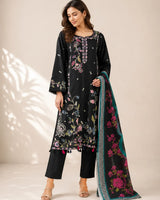 Black Long Embroidered 3-Piece Stitched Suit with Purple Floral Work & Printed Dupatta