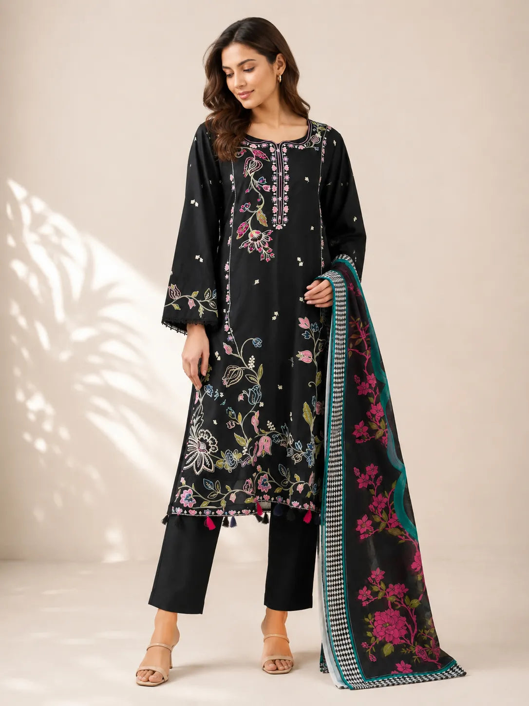 Black Long Embroidered 3-Piece Stitched Suit with Purple Floral Work & Printed Dupatta
