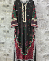 Black & Maroon Printed Lawn 2 Piece Kaftan Suit | Embroidered Neckline & Printed Trousers