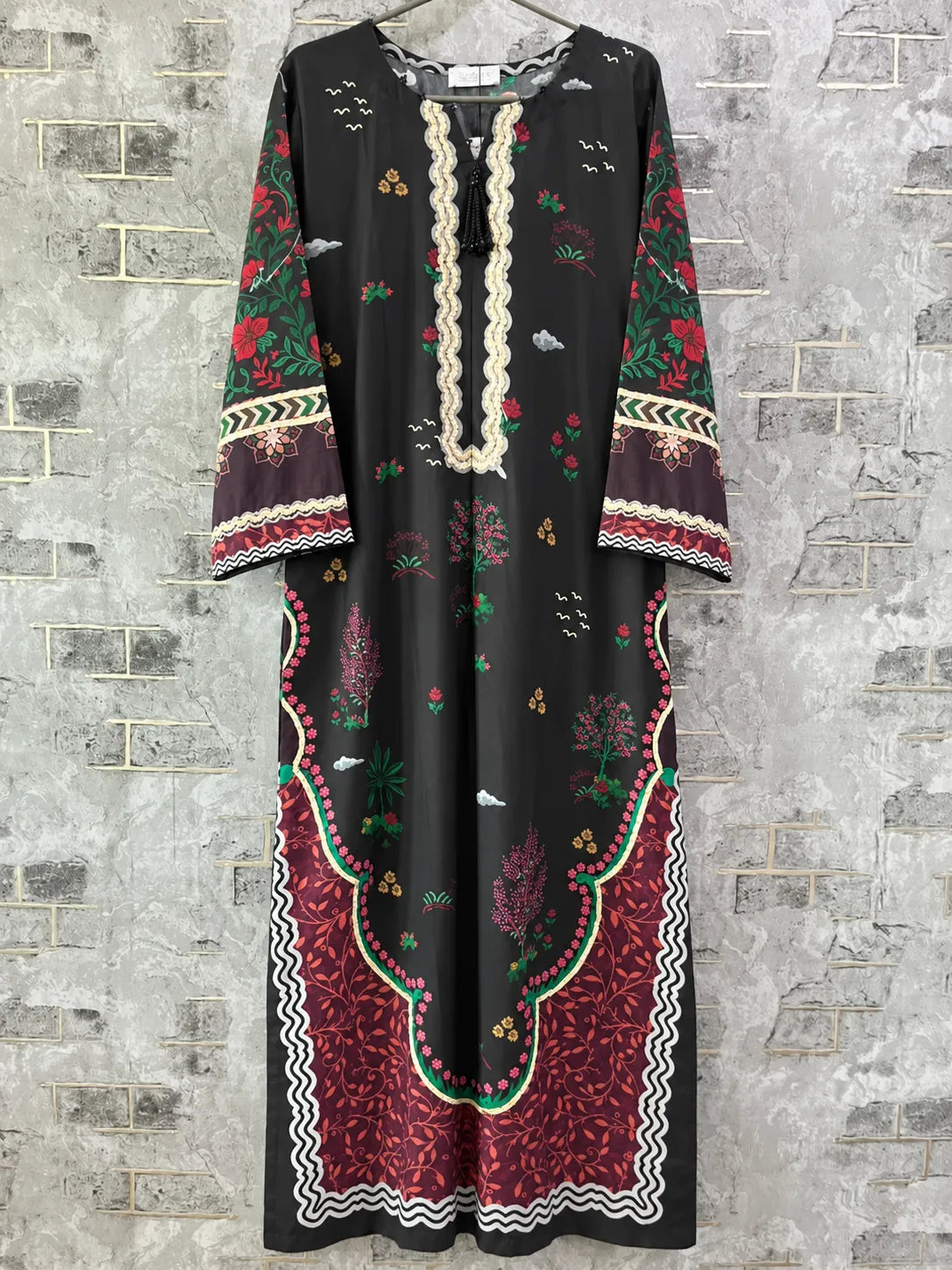 Black & Maroon Printed Lawn 2 Piece Kaftan Suit | Embroidered Neckline & Printed Trousers