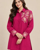 Shocking Pink Cotton 2-Piece Co-Ord Set with Embroidered Shoulder & Cuffs