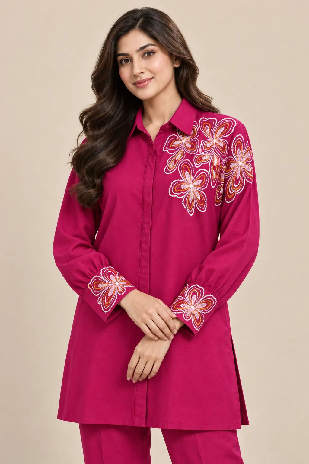 Shocking Pink Cotton 2-Piece Co-Ord Set with Embroidered Shoulder & Cuffs