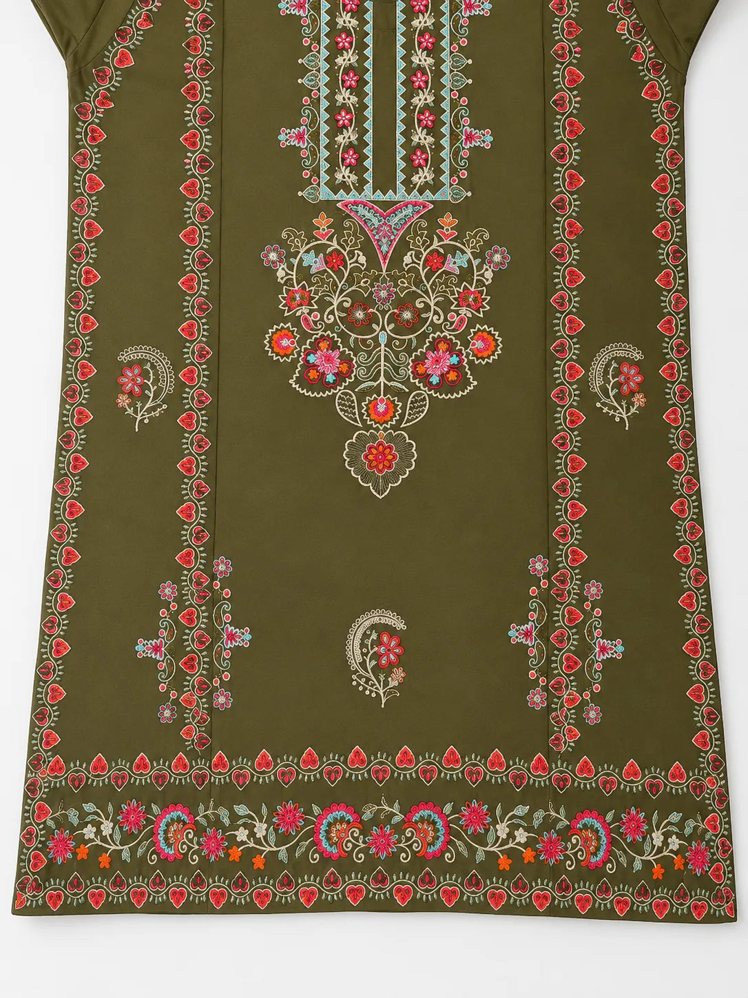 Olive Green Embroidered Short Lawn Kurti 2-Piece Stitched Suit with Off-White Embroidered Shalwar