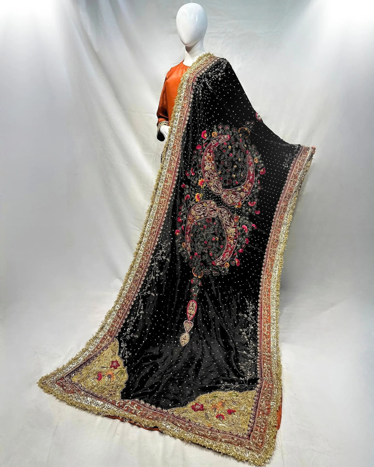 Rust Orange Formal Suit with Black Heavy Hand Embellished Shawl|Shawl Minimum Customized Days-30