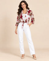 Women's Red Floral Printed Georgette Tie-Front Shirt with White Camisole