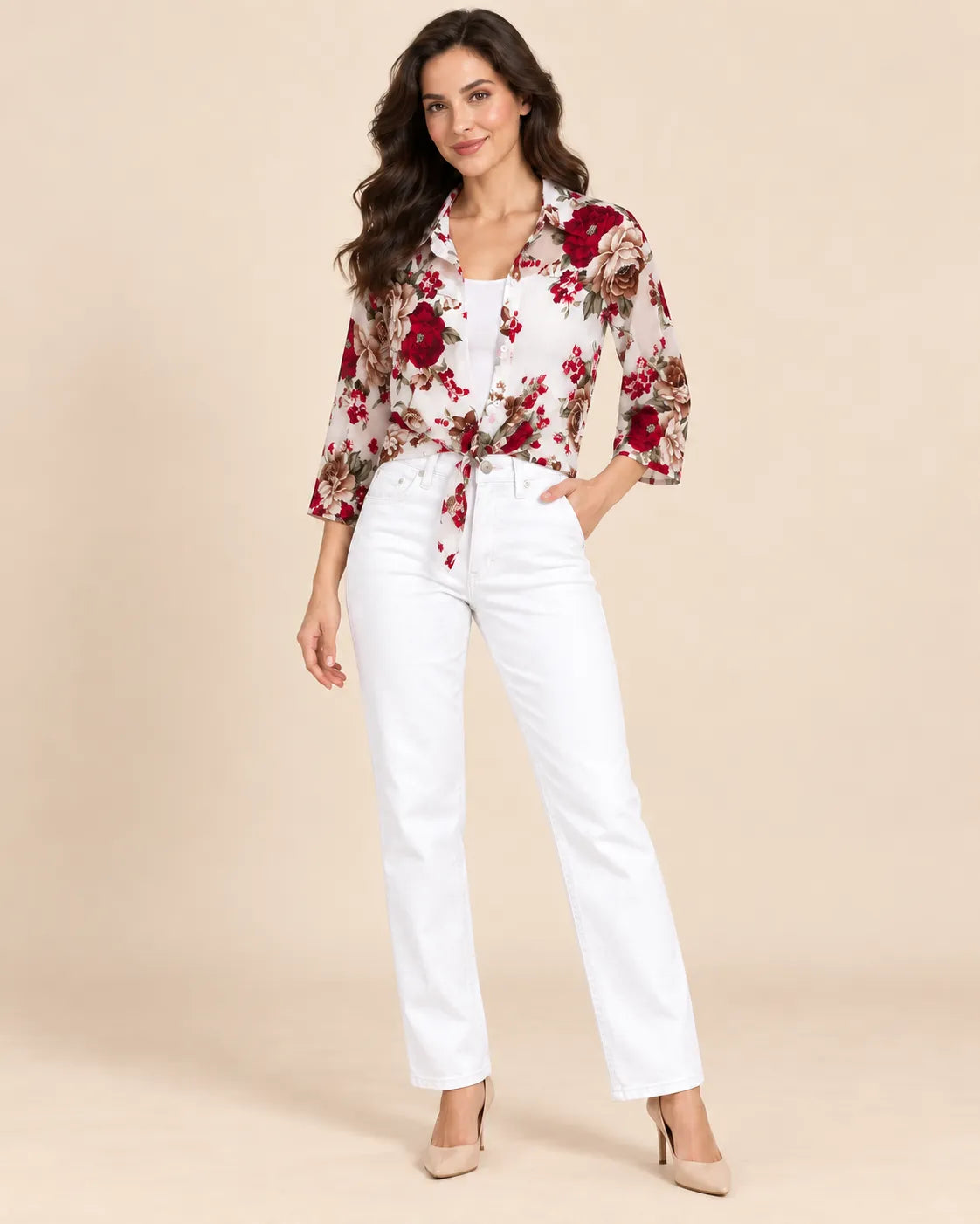 Women's Red Floral Printed Georgette Tie-Front Shirt with White Camisole