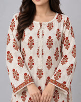 White & Orange Printed Lawn 2 Piece Suit | Placket Lace Trims & Matching Trousers