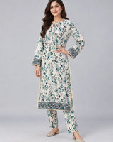 White & Blue Printed Lawn 2 Piece Suit | Placket Lace Trims & Printed Trousers
