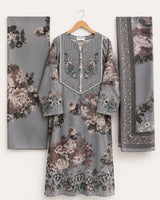 Grey Floral Printed & Embroidered 3-Piece Stitched Suit with Doriya Dupatta