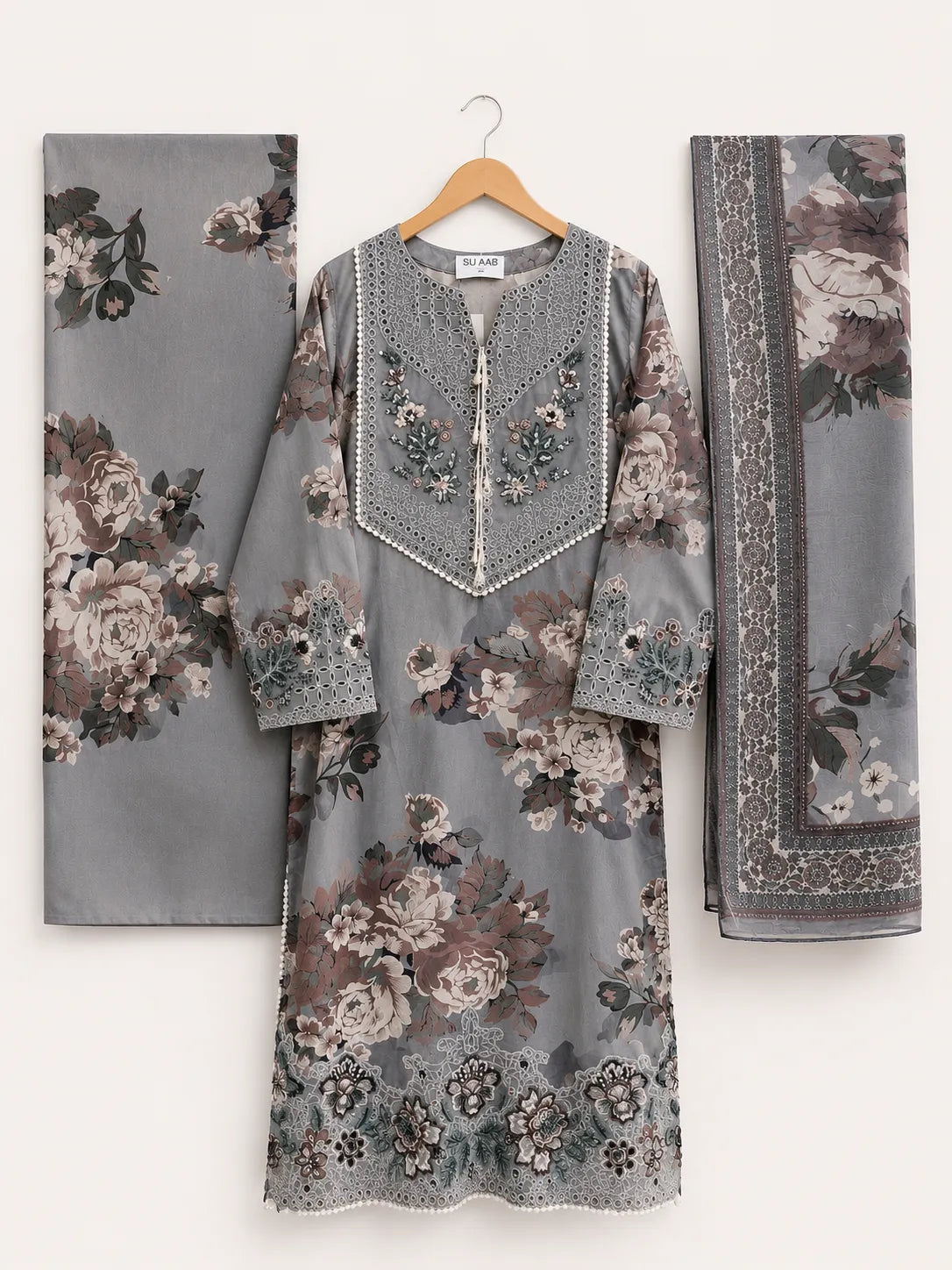 Grey Floral Printed & Embroidered 3-Piece Stitched Suit with Doriya Dupatta
