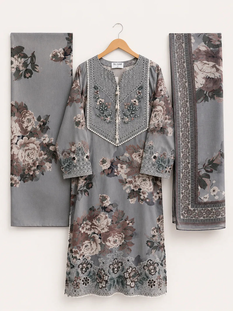 Grey Floral Printed & Embroidered 3-Piece Stitched Suit with Doriya Dupatta