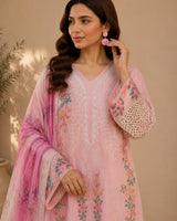 Light Pink Floral Embroidered Long 3-Piece Stitched Lawn Suit with Organza Trouser Patch & Floral Dupatta