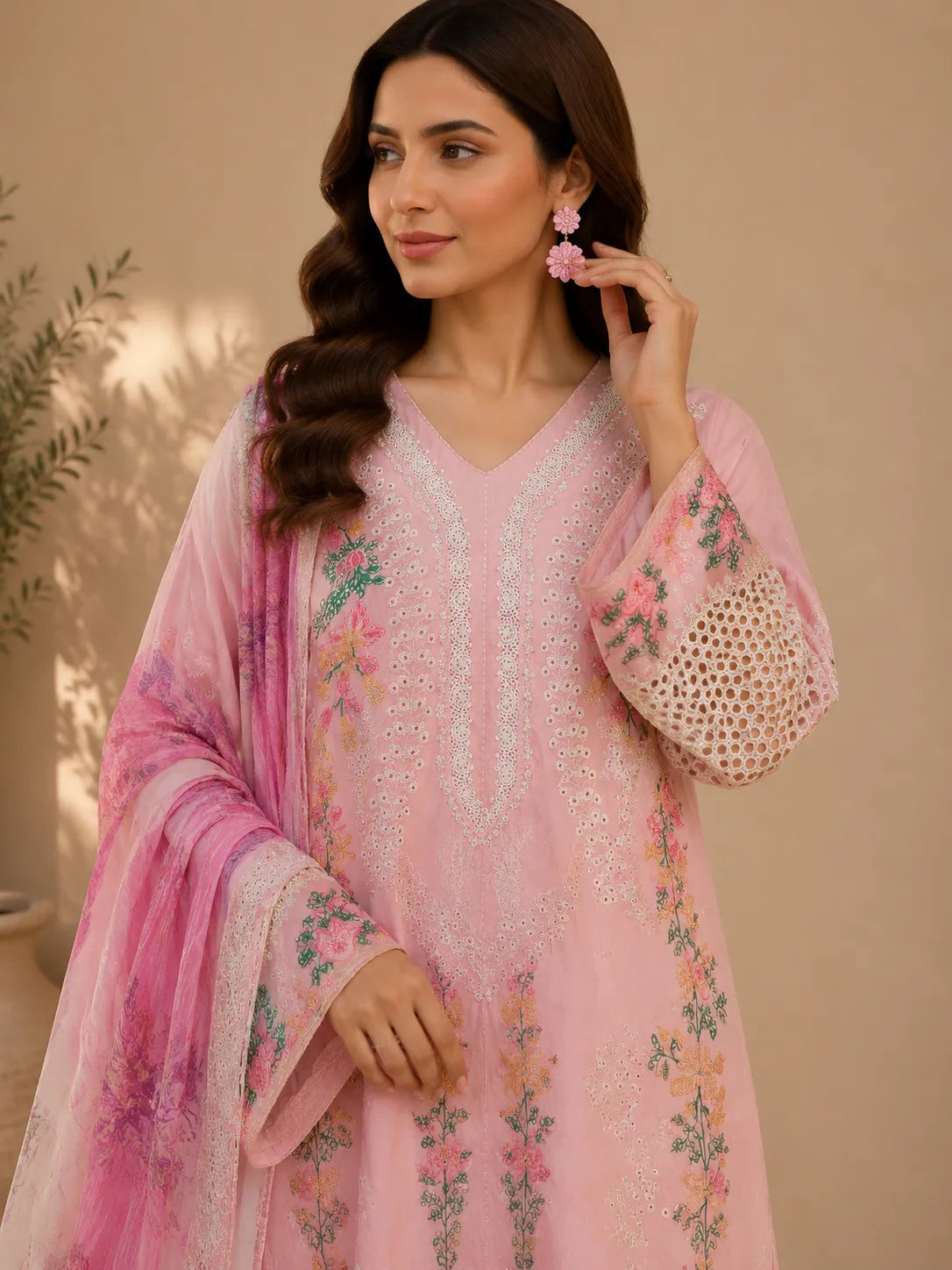 Light Pink Floral Embroidered Long 3-Piece Stitched Lawn Suit with Organza Trouser Patch & Floral Dupatta