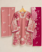 Salmon Pink Short Embroidered Lawn 3-Piece Stitched Suit with Embroidered Shalwar & Silk Dupatta