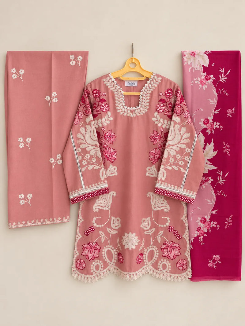 Salmon Pink Short Embroidered Lawn 3-Piece Stitched Suit with Embroidered Shalwar & Silk Dupatta