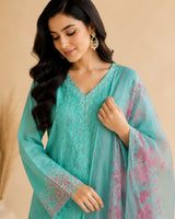 Aqua Blue Embroidered Long-Length 3-Piece Stitched Suit with Printed Dupatta