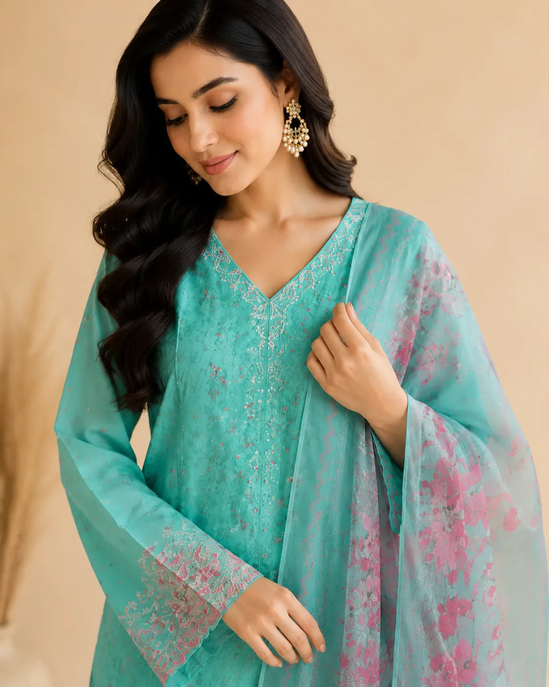 Aqua Blue Embroidered Long-Length 3-Piece Stitched Suit with Printed Dupatta